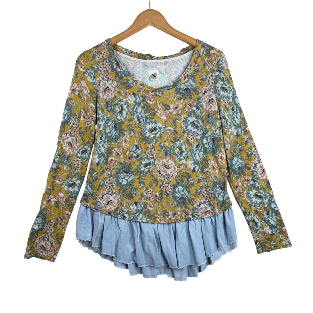 Anthropologie Lilka Goldenrod Long Sleeve Ruffle Hem Top size Medium Yellow/Blue